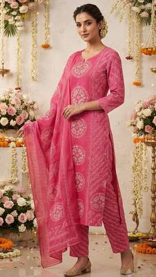 pink bandhani print cotton straight kurta set 3