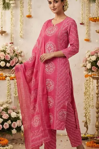 pink bandhani print cotton straight kurta set
