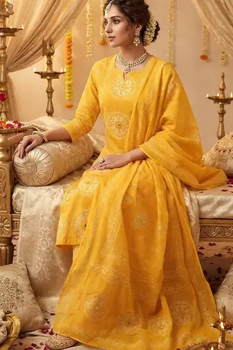 yellow bandhani print cotton straight kurta set
