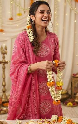 pink bandhani print cotton straight kurta set 4