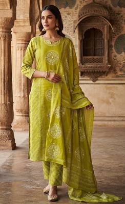 green bandhani print cotton straight kurta set 1