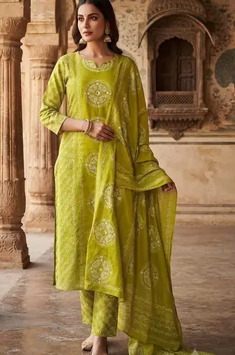 green bandhani print cotton straight kurta set