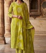 green bandhani print cotton straight kurta set