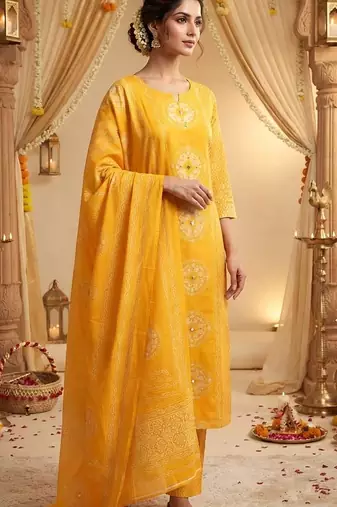 yellow bandhani print cotton straight kurta set