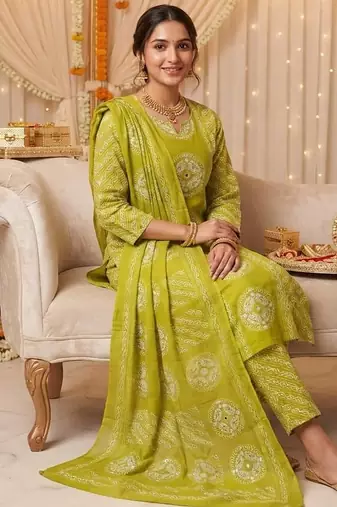green bandhani print cotton straight kurta set