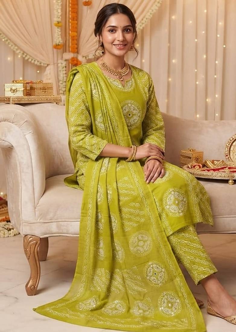 green bandhani print cotton straight kurta set