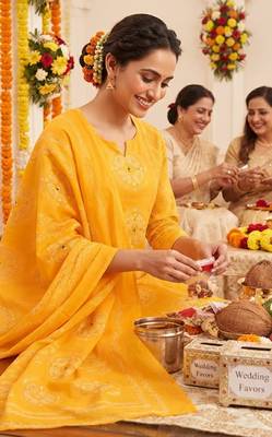 yellow bandhani print cotton straight kurta set 4
