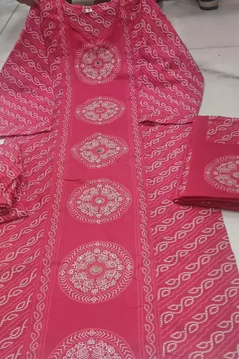 pink bandhani print cotton straight kurta set
