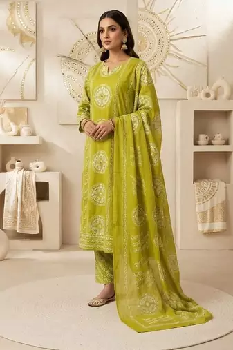 green bandhani print cotton straight kurta set