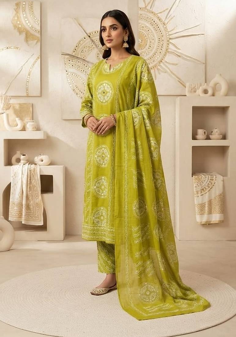 green bandhani print cotton straight kurta set