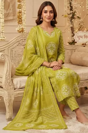 green bandhani print cotton straight kurta set