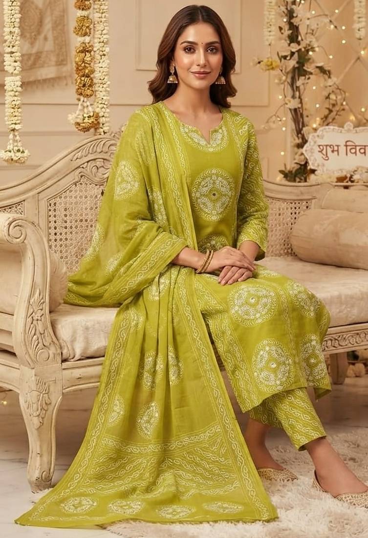 green bandhani print cotton straight kurta set