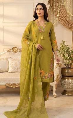 olive green floral embroidery cotton straight kurta set 1