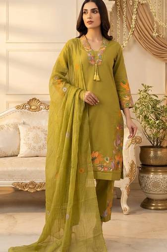 olive green floral embroidery cotton straight kurta set
