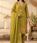 olive green floral embroidery cotton straight kurta set