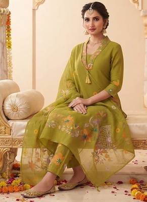 olive green floral embroidery cotton straight kurta set 2