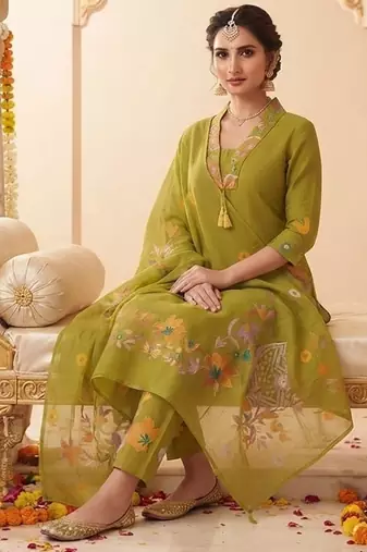 olive green floral embroidery cotton straight kurta set