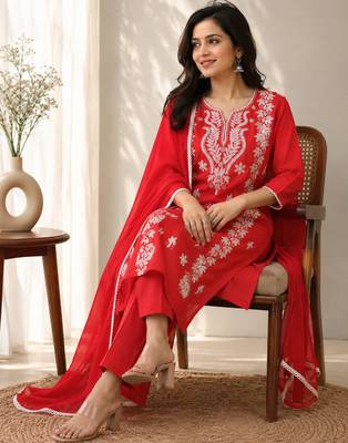 red embroidered cambric cotton straight kurta set 2