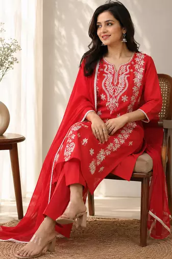 red embroidered cambric cotton straight kurta set