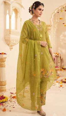 olive green floral embroidery cotton straight kurta set 3
