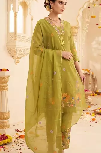 olive green floral embroidery cotton straight kurta set