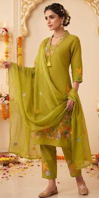 olive green floral embroidery cotton straight kurta set 4