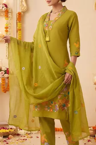 olive green floral embroidery cotton straight kurta set