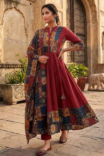 maroon ajrakh printed cotton angrakha anarkali suit set
