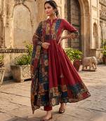 maroon ajrakh printed cotton angrakha anarkali suit set