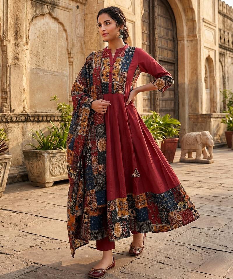 maroon ajrakh printed cotton angrakha anarkali suit set