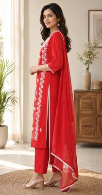 red embroidered cambric cotton straight kurta set 3