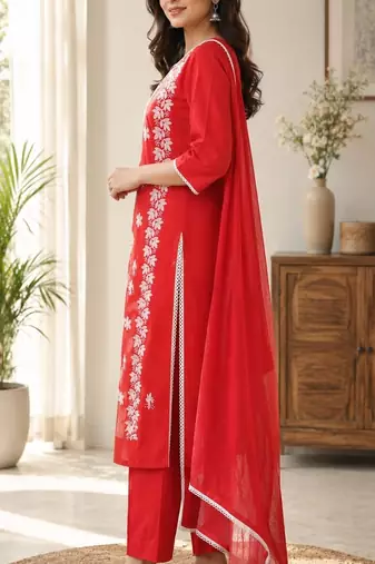 red embroidered cambric cotton straight kurta set