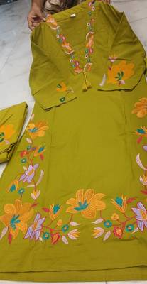 olive green floral embroidery cotton straight kurta set 5