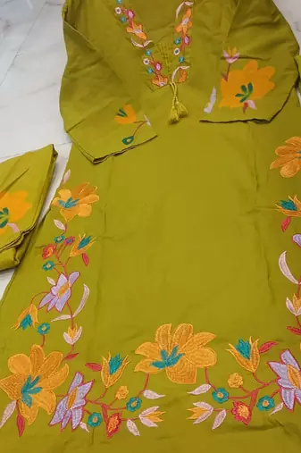 olive green floral embroidery cotton straight kurta set