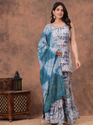grey digital abstract printed muslin sharara suit set with shibori dupatta 1
