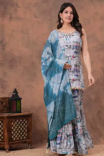 grey digital abstract printed muslin sharara suit set with shibori dupatta