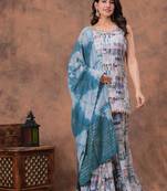 grey digital abstract printed muslin sharara suit set with shibori dupatta