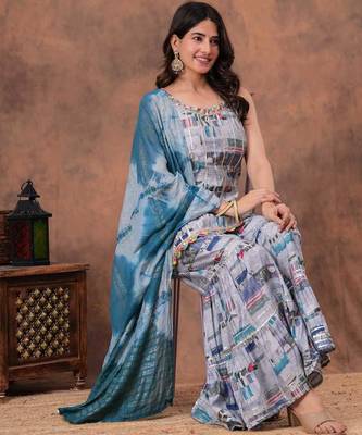 grey digital abstract printed muslin sharara suit set with shibori dupatta 2