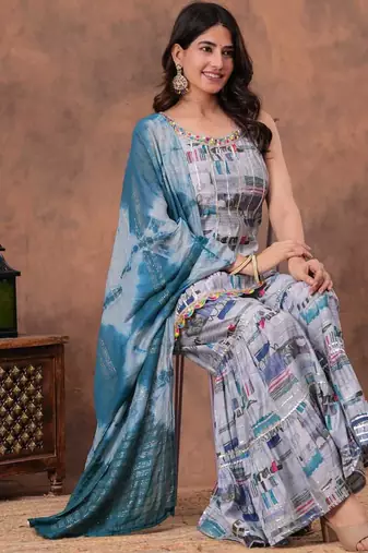 grey digital abstract printed muslin sharara suit set with shibori dupatta