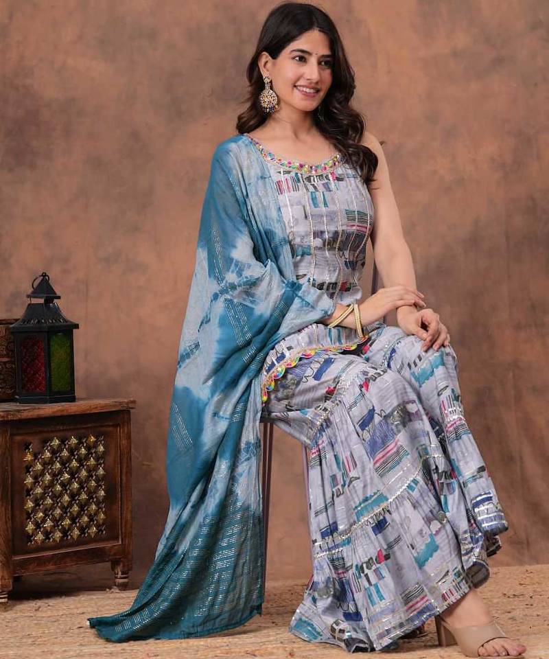 grey digital abstract printed muslin sharara suit set with shibori dupatta
