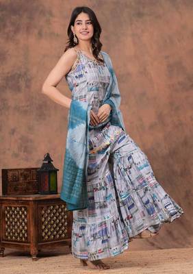 grey digital abstract printed muslin sharara suit set with shibori dupatta 3