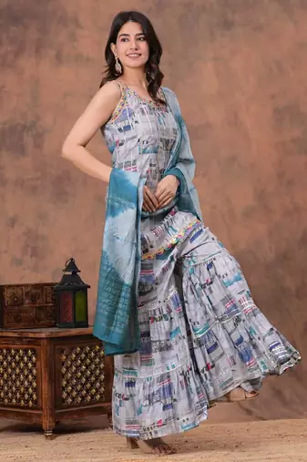 grey digital abstract printed muslin sharara suit set with shibori dupatta