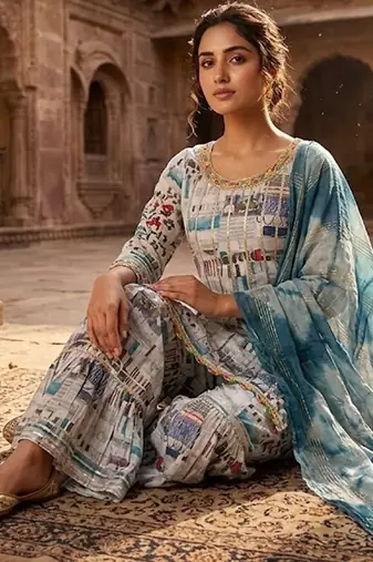 grey digital abstract printed muslin sharara suit set with shibori dupatta
