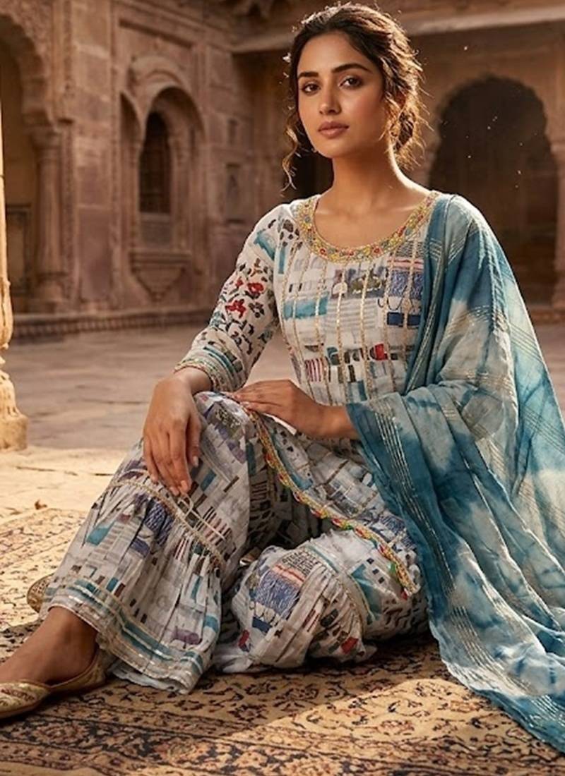 grey digital abstract printed muslin sharara suit set with shibori dupatta
