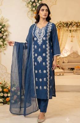 blue embroidered cambric cotton straight kurta set 1