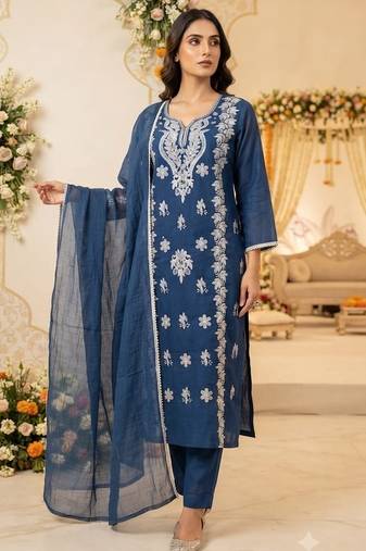 blue embroidered cambric cotton straight kurta set