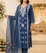 blue embroidered cambric cotton straight kurta set