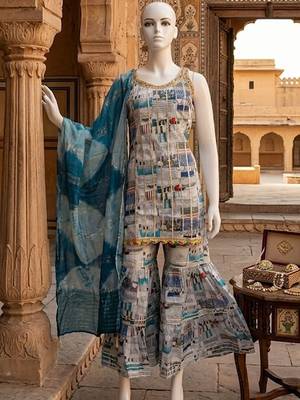 grey digital abstract printed muslin sharara suit set with shibori dupatta 5