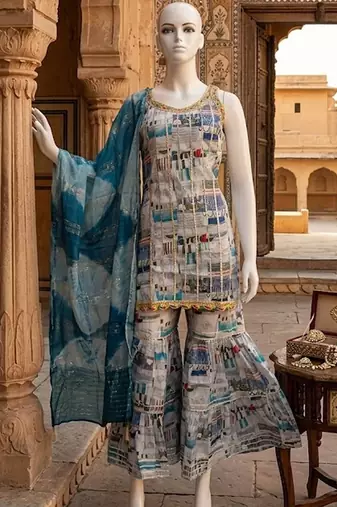 grey digital abstract printed muslin sharara suit set with shibori dupatta