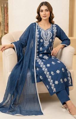 blue embroidered cambric cotton straight kurta set 2